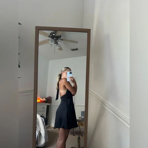 Black Silk Formal Dress with Plunging Neckline and Open Back. Size Small - Picture 2 of 6